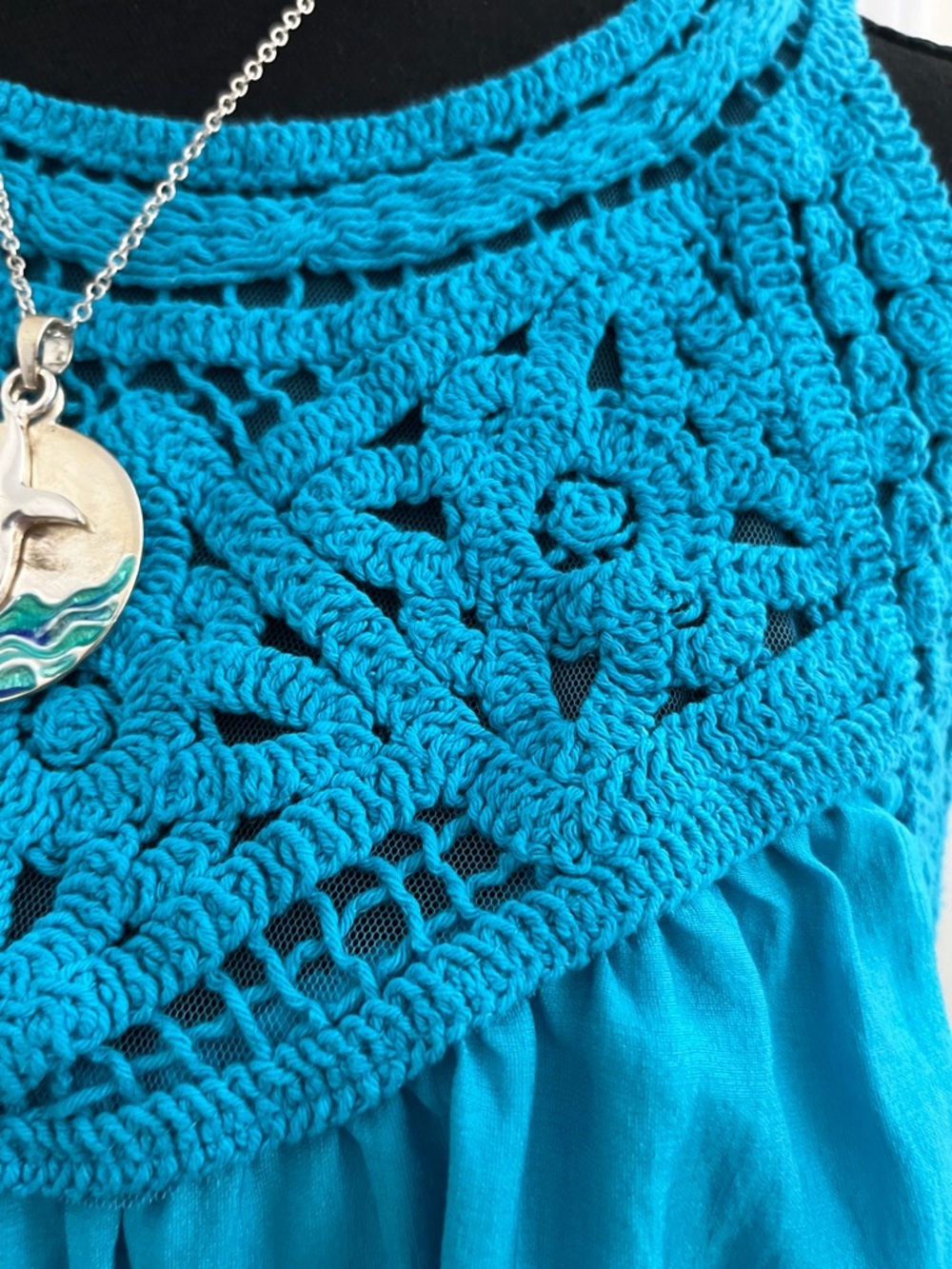 Sleeveless Turquoise Crochet Yoke Midi Dress - Women - Picture 3 of 8